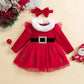 My First Christmas Baby Dress Red Velvet and Green Velvet, Print Long Sleeve Tulle