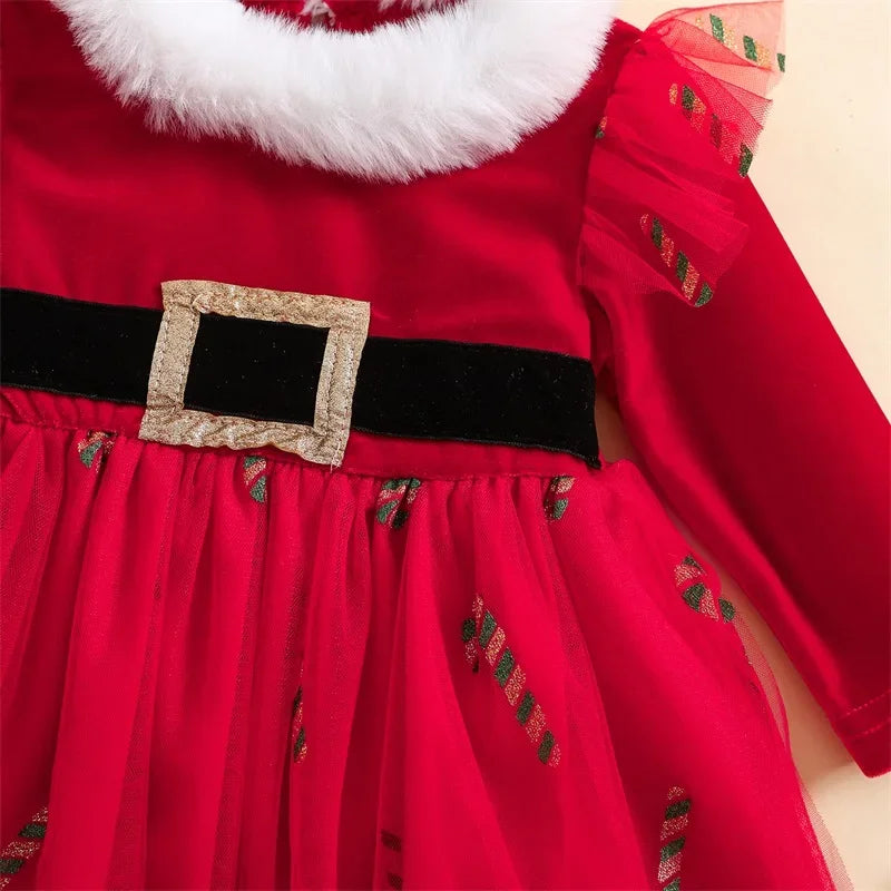 My First Christmas Baby Dress Red Velvet and Green Velvet, Print Long Sleeve Tulle