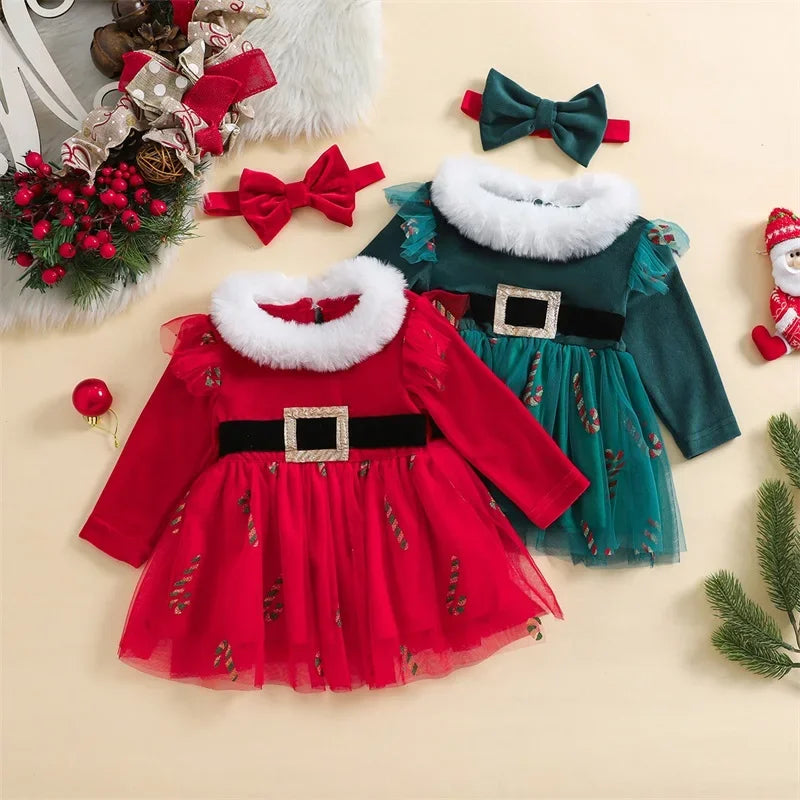 My First Christmas Baby Dress Red Velvet and Green Velvet, Print Long Sleeve Tulle