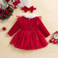 My First Christmas Baby Dress Red Velvet and Green Velvet, Print Long Sleeve Tulle