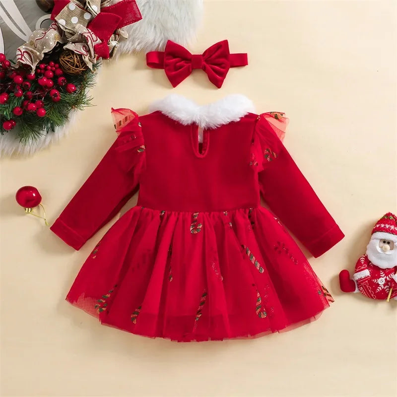 My First Christmas Baby Dress Red Velvet and Green Velvet, Print Long Sleeve Tulle